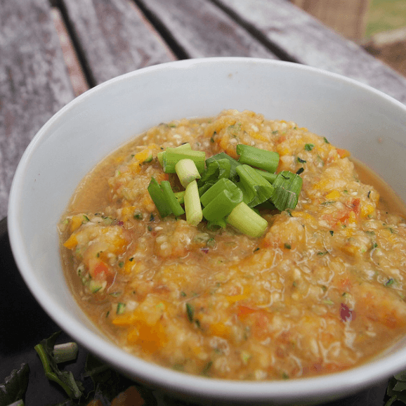 Tropical Yellow Tomato Gazpacho with Crab