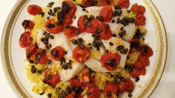 Extra Virgin Olive Oil Poached Cod with Roasted Tomatoes and Fried Capers