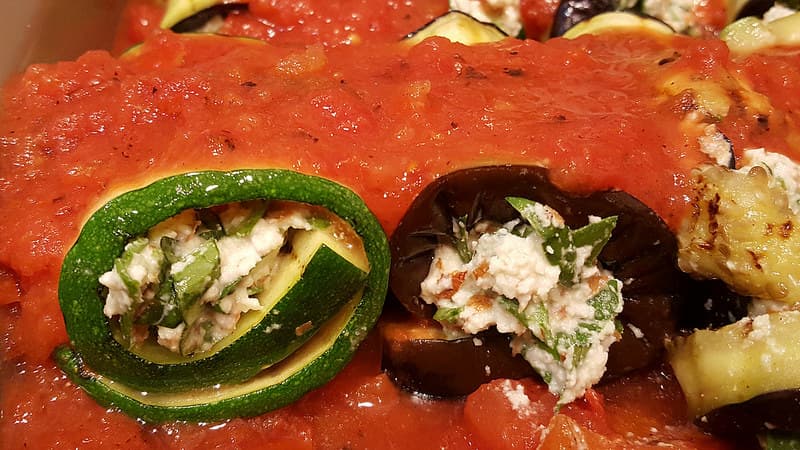 Eggplant and Zucchini Roll-Ups Stuffed with Almond “Ricotta” Cheese