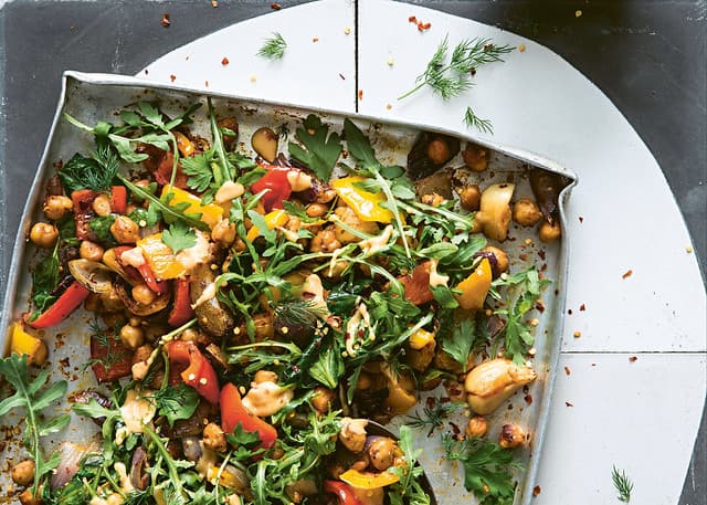 ROAST CHICKPEAS & PEPPERS WITH WARM CHILLI TAHINI