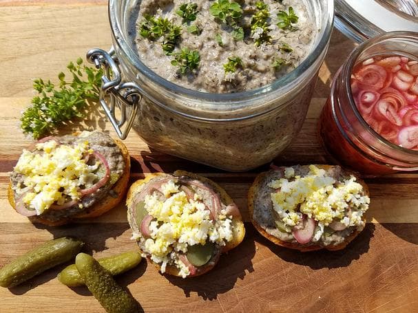 Mushroom pate with hard boiled egg, cornichon and pickled shallots