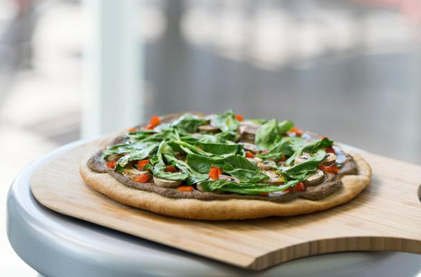 Creamy Garlic Eggplant, Roasted Mushrooms, and Arugula Pizza