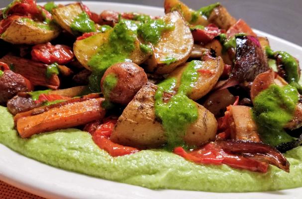 Roast Veg with Smashed Peas and Herb Sauce
