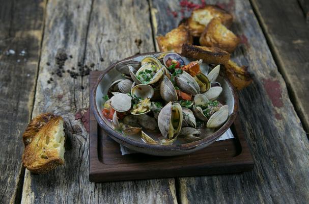 Roasted Clams with Sausage, Tomatoes and Fregola  