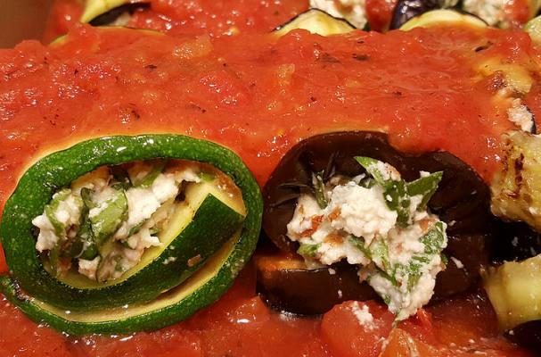 Eggplant and Zucchini Roll-Ups Stuffed with Almond “Ricotta” Cheese