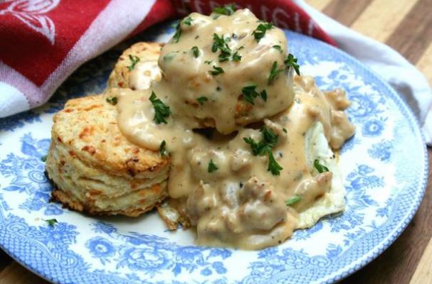 Homemade Cheddar Biscuits with Spicy Sausage Gravy