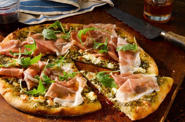 Prosciutto Pizza with Arugula Walnut Pesto