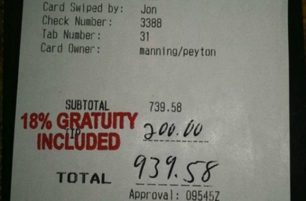Waiter Gets Fired After Leaking Peyton Manning Receipt 