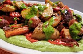 Roast Veg with Smashed Peas and Herb Sauce