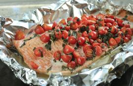 Foil Packet Salmon with Cherry Tomatoes, Basil and Capers
