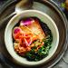 Black Rice, Tofu, and Greens Bowl with Kimchi and Spicy Mayo