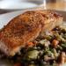 Salmon with Lentils, Bacon and Gordal Olives
